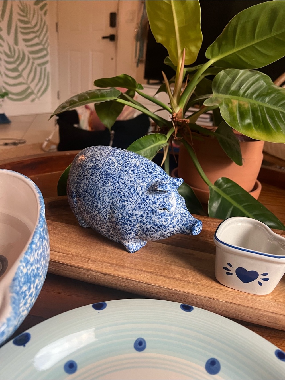 Vintage Blue Speckled Ceramic Pig Figurine - Home Art Accent